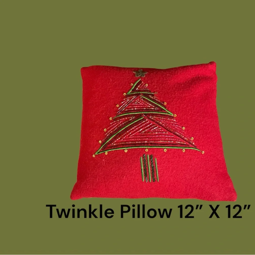 Crate & Barrel Twinkle Red Holiday Pillow With a Beaded Tree Design